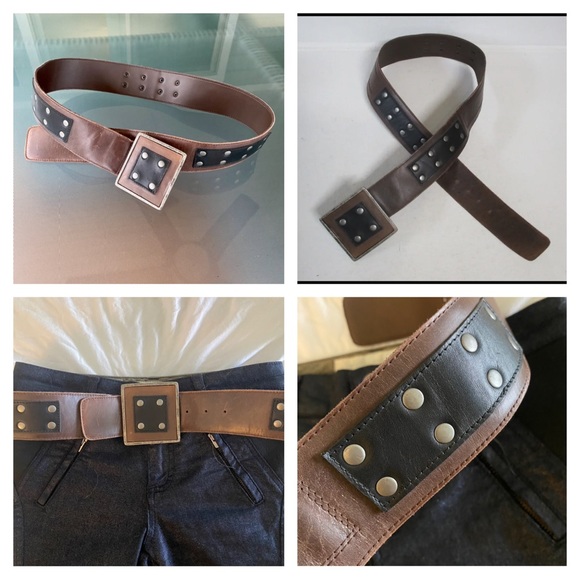 Vintage Brown & Black & Steel, Studded Belt ! Square Buckle ! A UNIQUE BELT ❤️ - Picture 2 of 16